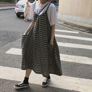 Elbow-sleeve T-shirt / Spaghetti Strap Plaid Midi Dress
