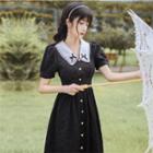 Short-sleeve Jacquard Collared Midi A-line Dress