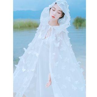 Spaghetti Strap A-line Maxi Dress / Butterfly Detailed Hooded Cape / Set
