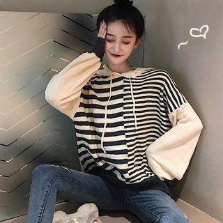 Drop Shoulder Striped Panel Knit Hoodie