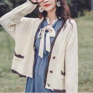 Contrast Trim Cable-knit Cardigan Off-white - One Size