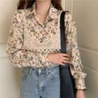 Floral Long-sleeve Blouse / Crochet Knit Cropped Camisole Top
