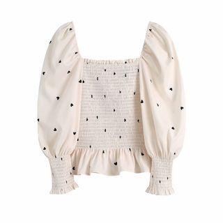 Long-sleeve Heart Print Shirred Frill Trim Crop Top