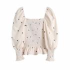 Long-sleeve Heart Print Shirred Frill Trim Crop Top