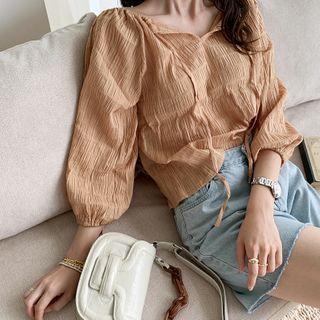 Tie-detail Textured Peasant Blouse