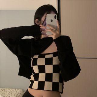 Checkerboard Camisole Top / Asymmetrical Knit Crop Top