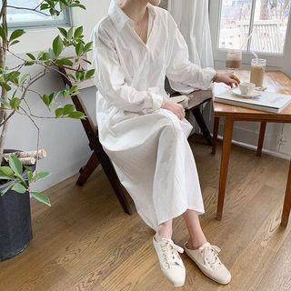 Pintuck-waist Maxi Shirtdress Ivory - One Size