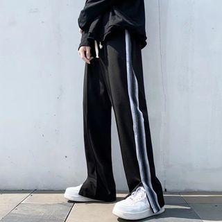 Striped Slit Mid Rise Straight Leg Pants