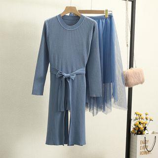 Set: Ribbed Slit Sweater Dress + Mesh A-line Midi Skirt Blue - One Size