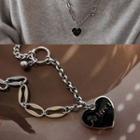 Lettering Heart Pendant Necklace Black Heart - Silver - One Size