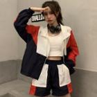 Set: Long-sleeve Stand-collar Color Block Sweatshirt + Sweatshorts