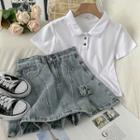 Short-sleeve Collar T-shirt / Denim Mini A-line Skirt / Set