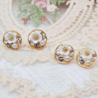 Sterling Silver Faux Pearl Flower Stud Earring / Clip-on Earring