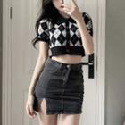 Short Sleeve Argyle Crop Cardigan / High Waist Slit Denim Mini Fitted Skirt