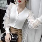 Puff-sleeve Lace Panel Ribbed Knit Top