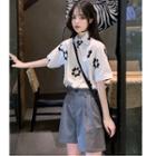 Elbow-sleeve Floral Print Shirt / Wide-leg Dress Shorts