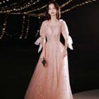 Puff-sleeve Sequin Sheath Evening Gown