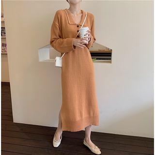Polo Collared Long-sleeve Midi Knit Dress