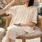 Loungewear Set : Short-sleeve Wood Ear Trim Top + Pants