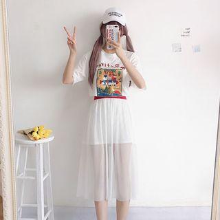 Set: Elbow-sleeve Printed Long T-shirt + Sheer Midi Skirt