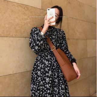 Floral Long-sleeve Midi A-line Dress / Mock-neck Long-sleeve T-shirt