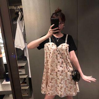 Mock Two-piece Short-sleeve Sequined Polka Dot Mini Dress