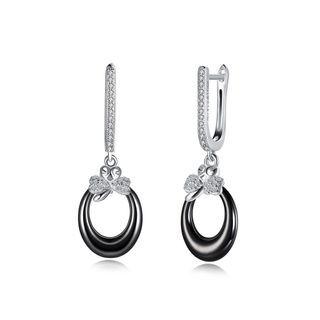 925 Sterling Silver Simple Heart Water Drop-shaped Black Ceramic Earrings With Cubic Zircon Silver - One Size