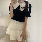 Short-sleeve Contrast Collar Blouse / Tiered Mini A-line Skirt