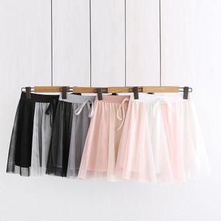Band-waist Mesh Panel Mini A-line Skirt
