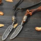 Feather Alloy Pendant Genuine Leather Necklace
