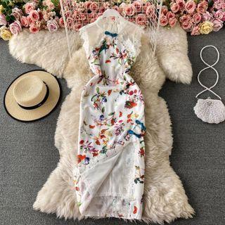 Lace Panel Floral Print Slit Maxi Dress