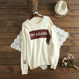 Lettered Long-sleeve Knit Sweater As Shown In Figure - One Size