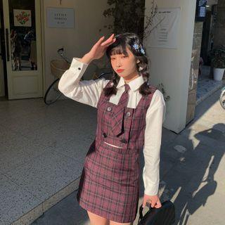 Plain Shirt / Plaid Tie / Camisole Top / Mini Pencil Skirt