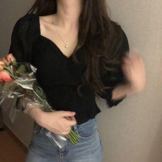 Sweetheart-neckline Smocked Lace Blouse