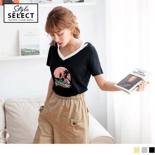 Contrast Trim Print Short Sleeve Hooded Top