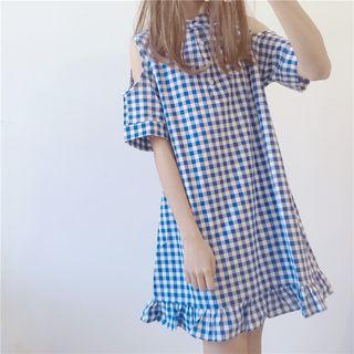 Gingham Cold Shoulder Short-sleeve A-line Dress
