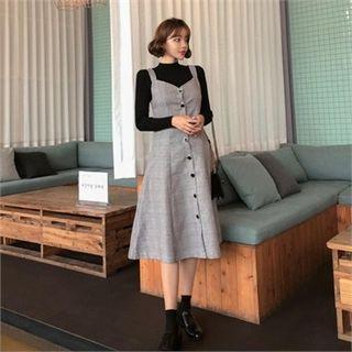 Set: Glen-plaid Midi Pinafore Dress + Knit Top Black & Brown - One Size