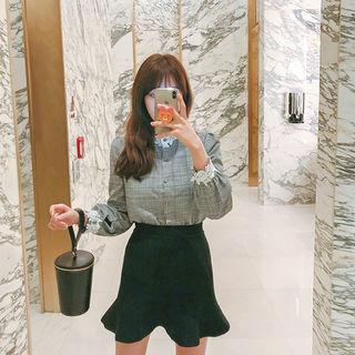 Set: Lace-detail Plaid Blouse + Knit Mini Mermaid Skirt