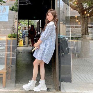 Elbow-sleeve Eyelet Lace Floral Dress Blue - One Size