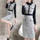 Houndstooth Collared Long-sleeve A-line Dress