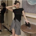 Set: Drawstring Short-sleeve T-shirt + Asymmetric Hem Mini Skirt