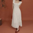 Cap-sleeve Embroidered Midi A-line Dress White - One Size