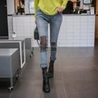 Mesh-patch Washed Slim-fit Jeans