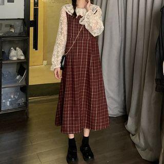 Long-sleeve Lace Blouse / Plaid Midi A-line Pinafore Dress