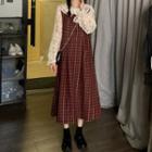 Long-sleeve Lace Blouse / Plaid Midi A-line Pinafore Dress