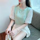 Mock Two-piece Puff-sleeve Floral T-shirt