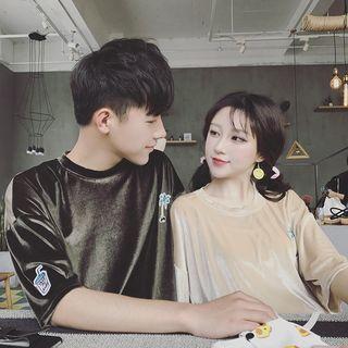 Couple Matching Embroidered Velvet Short-sleeve T-shirt