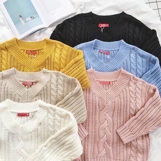 Ribbed V-neck Long-sleeve Knit Sweater