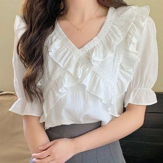 Short-sleeve Ruffled V-neck Chiffon Top