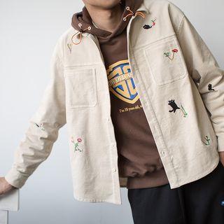 Cat Embroidered Corduroy Shirt Jacket